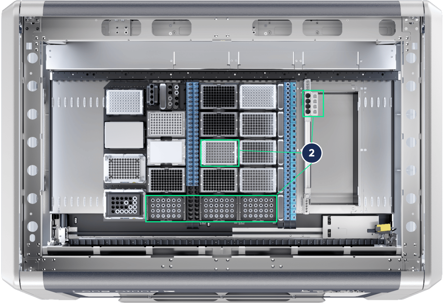 Interior view of an automated liquid handling system with labeled consumable modules highlighted in green