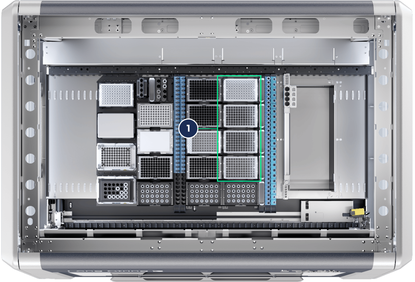 Interior view of an automated liquid handling system with highlighted isolation processing positions marked by a green rectangle and labeled 1