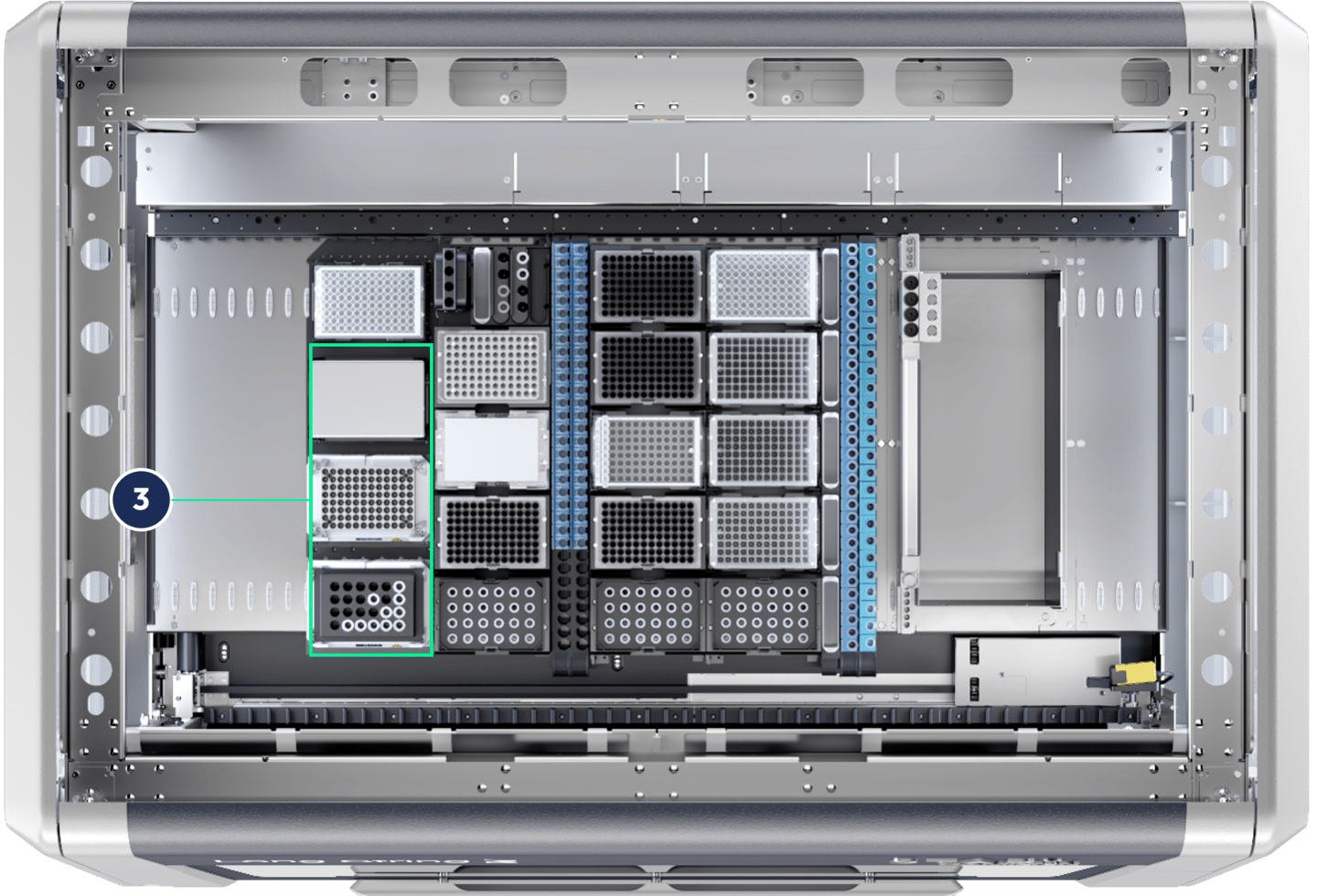 Interior view of an automated liquid handling system with labeled temperature-controlled plate positions highlighted in green