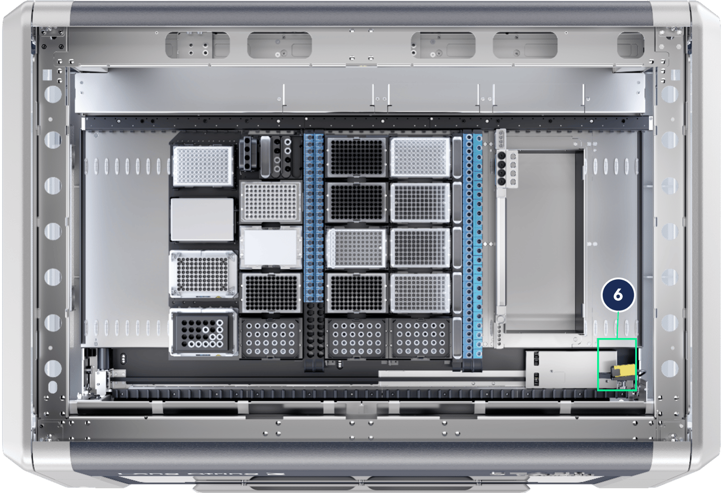 Interior view of a Hamilton automated liquid handling system with labeled component 6, a module highlighted in green