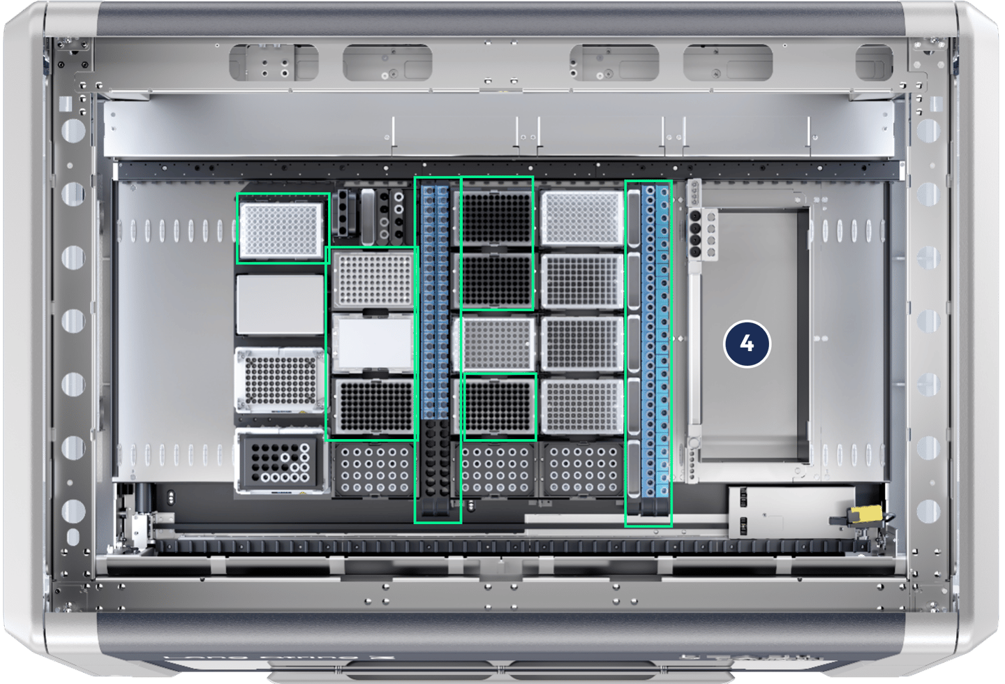 Interior view of an automated storage system showing labeled reagent and sample plate positions with highlighted modules and connectors.