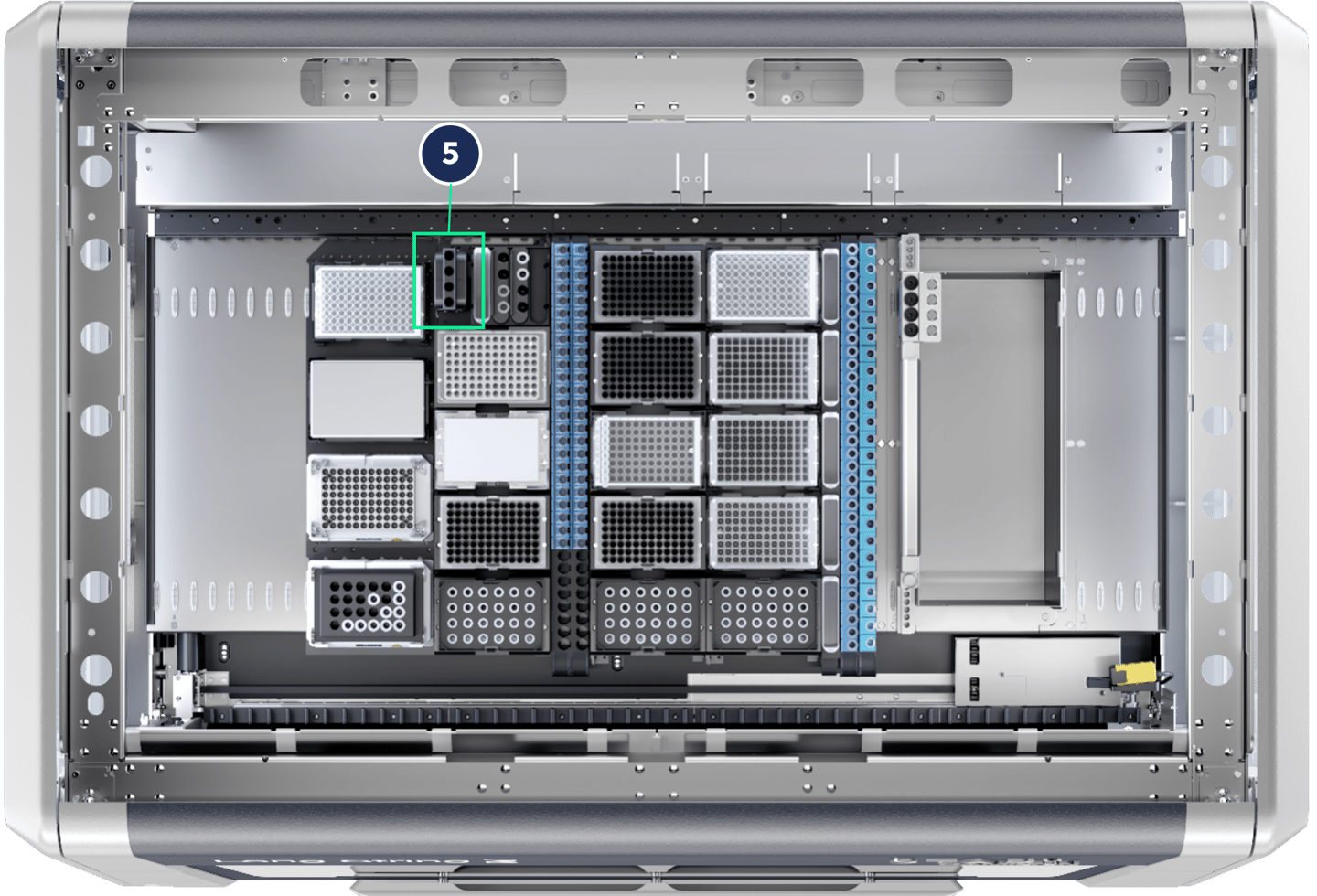 Interior view of an automated liquid handling system with labeled component 5, microplate carriers, and blue rail transport tracks