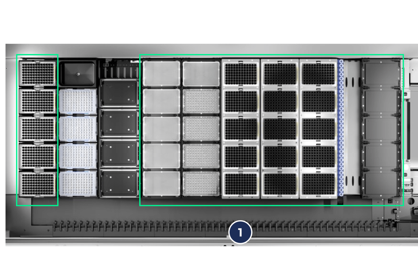 Top view of an open server-style instrument chassis showing labeled consumable storage compartments and reagent modules