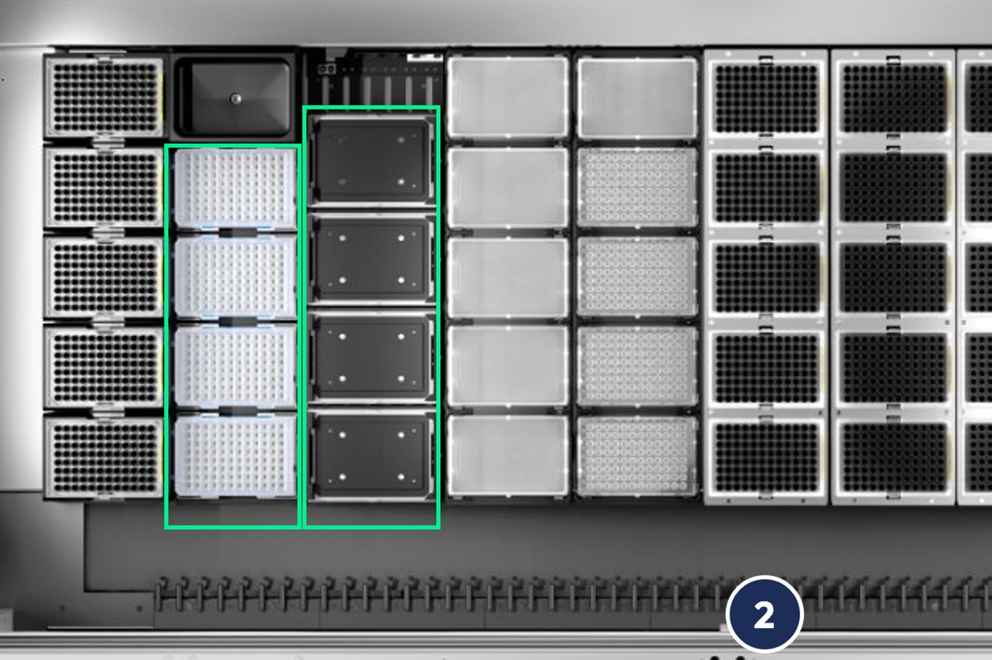 Automated liquid handler module with highlighted processing positions showing microplate carriers and dark instrument components