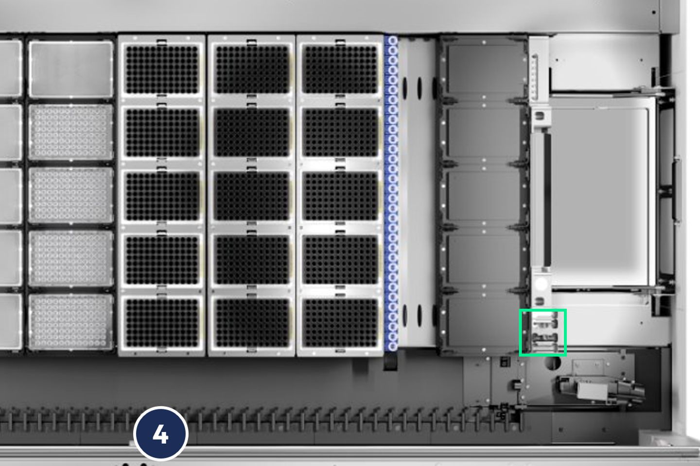 Interior view of automated sample storage system with labeled component 4, a transportation tool highlighted in green