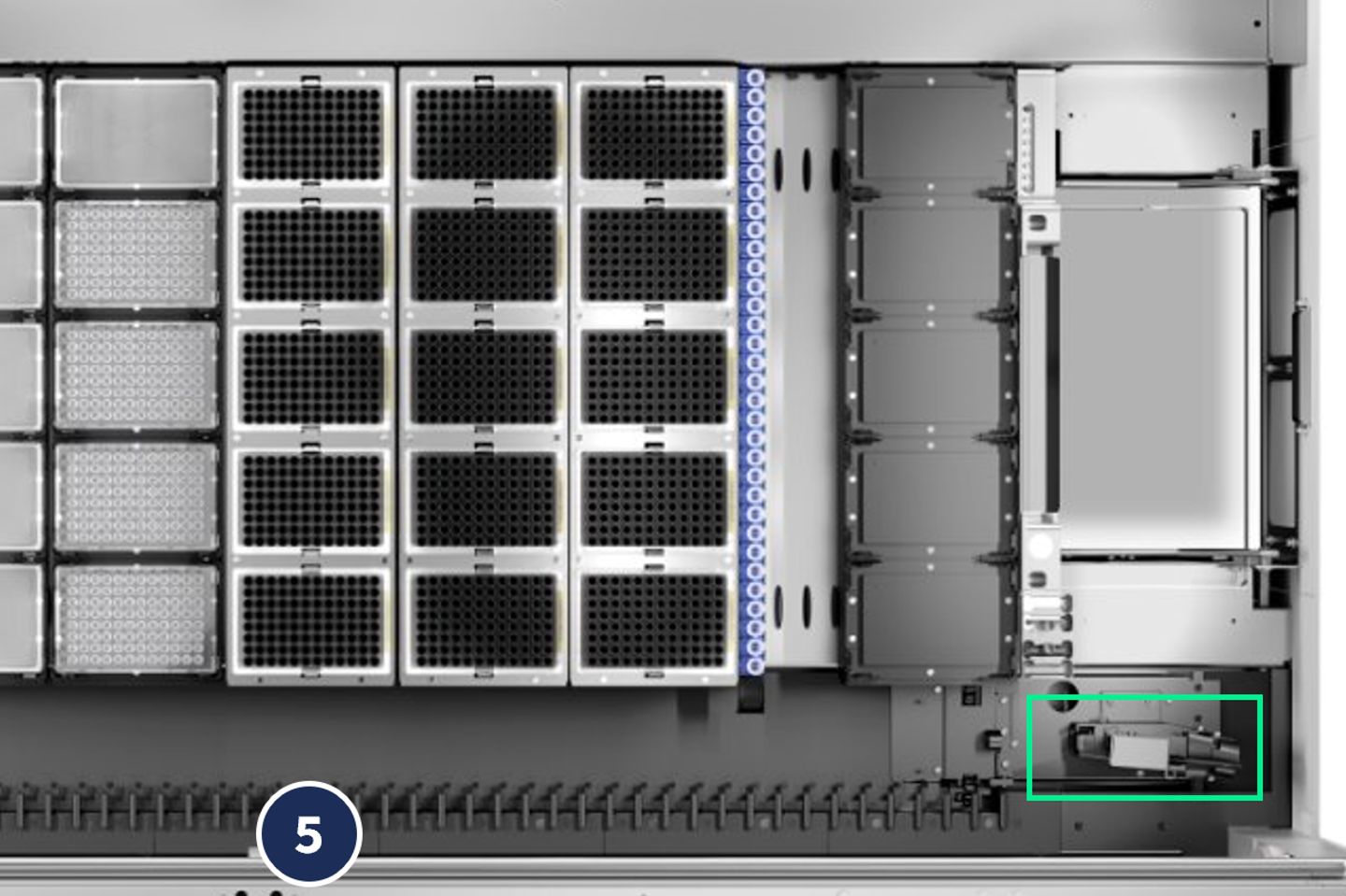 Interior view of automated sample storage system with tube storage racks and a highlighted loading/scanning module.