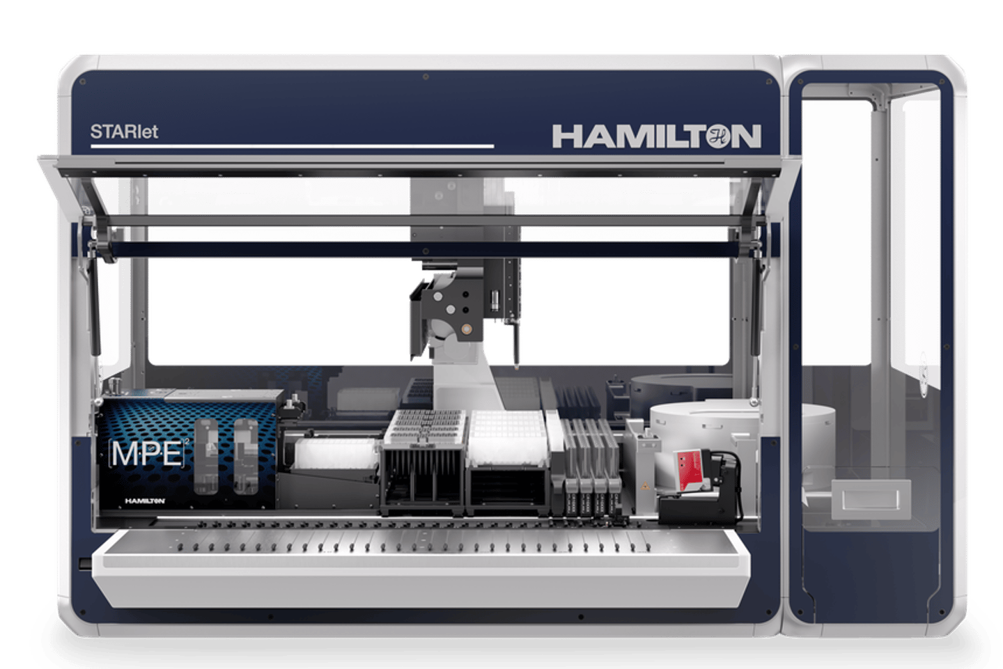 Hamilton STARlet automated liquid handling workstation with MPE² module and robotic arm on white background