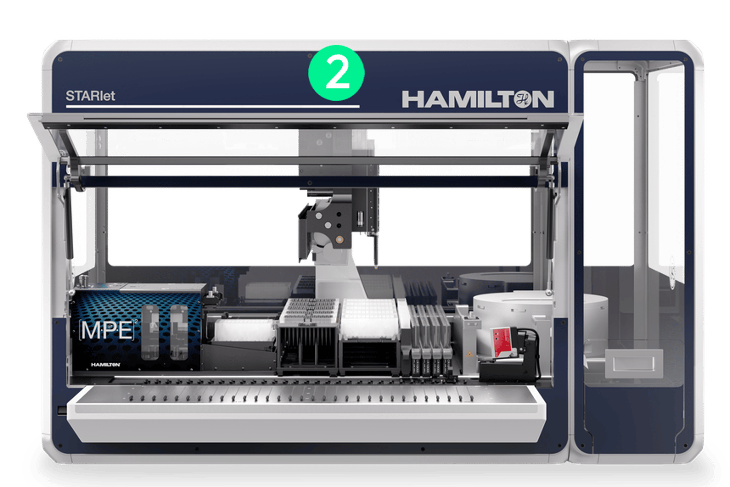 Hamilton STARlet automated liquid handler with MPE² module, robotic arm, and labware deck, labeled "2"