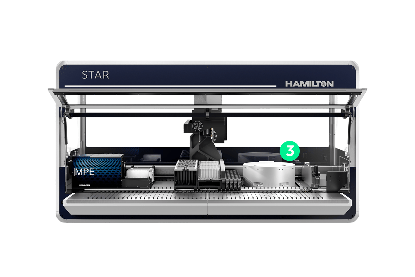 Hamilton STAR automated liquid handler with MPE² module, pipetting arm, microplates, and a centrifuge highlighted with a green number 3 badge