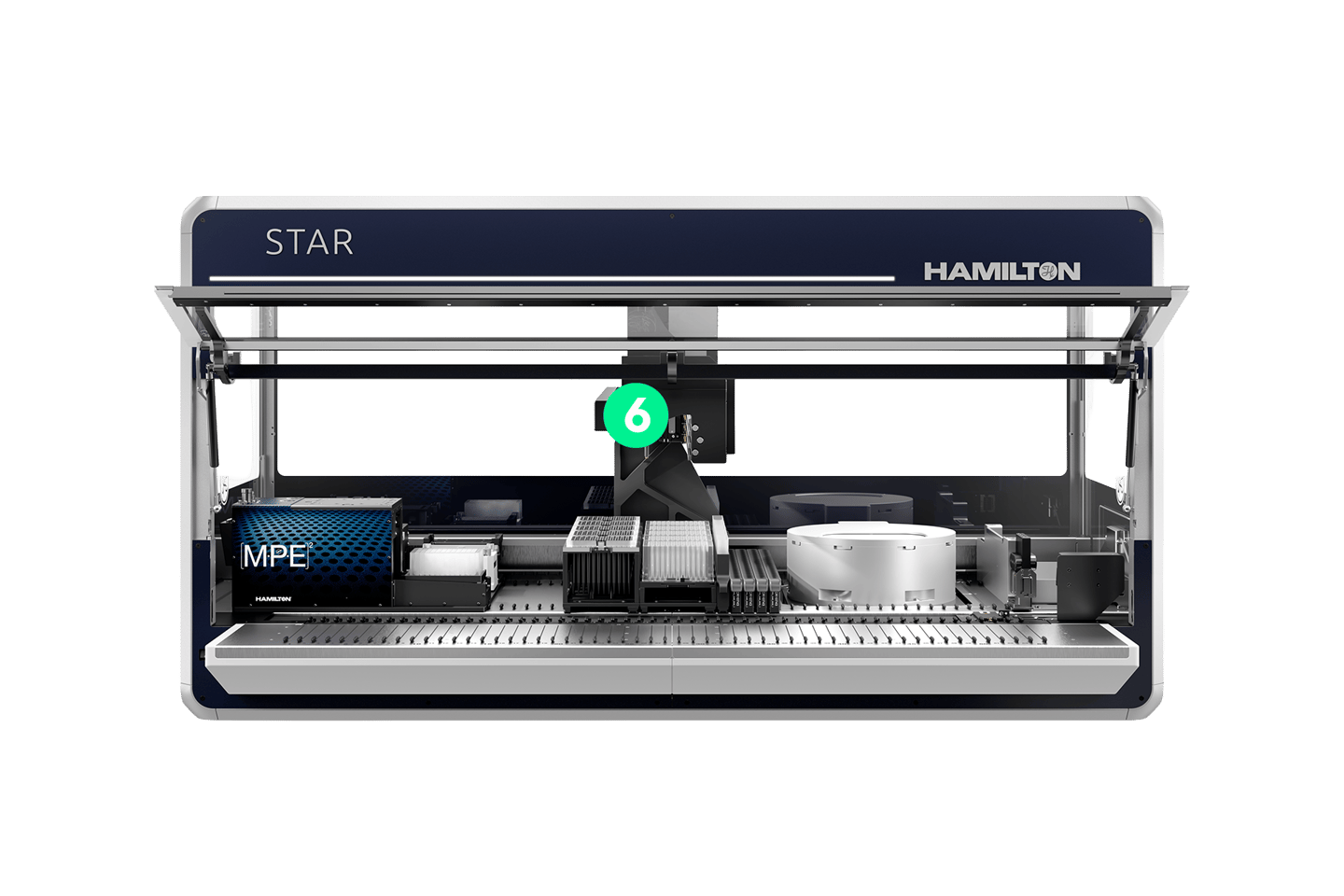 Hamilton STAR automated liquid handler with MPE² module, microplates, tip racks, and a robotic pipetting arm labeled 6