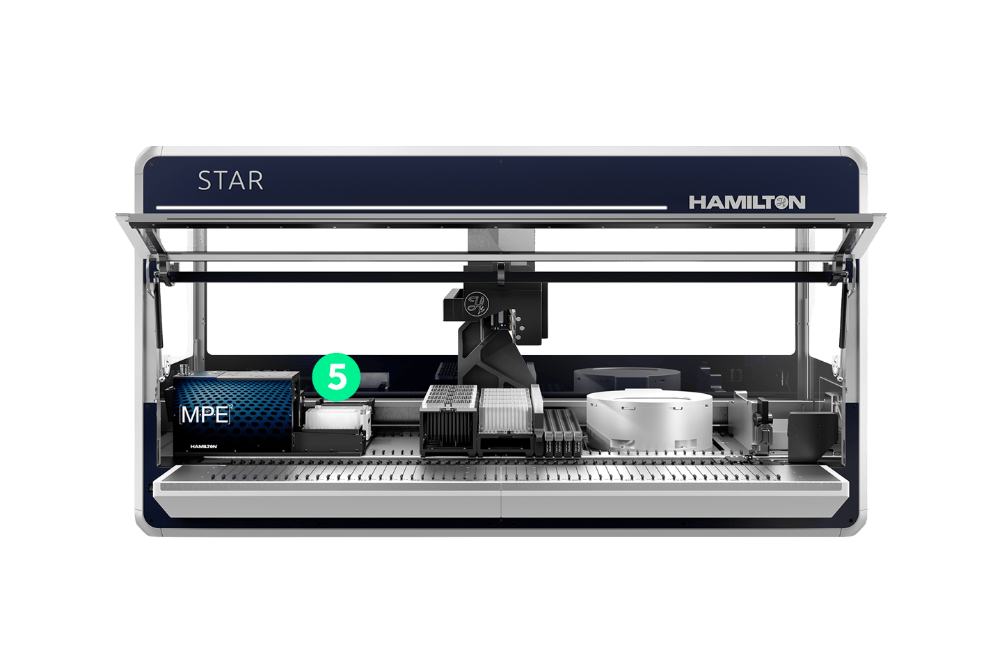 Hamilton STAR automated liquid handler with MPE² module, pipetting arm, microplates, and heater shaker units on deck