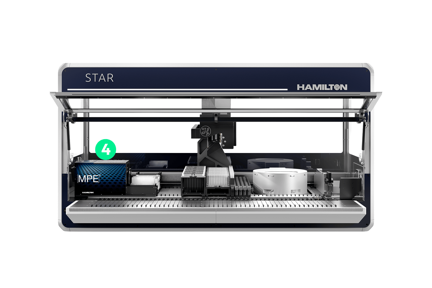 Hamilton STAR automated liquid handler with MPE² module, pipetting arm, microplates, and deck accessories