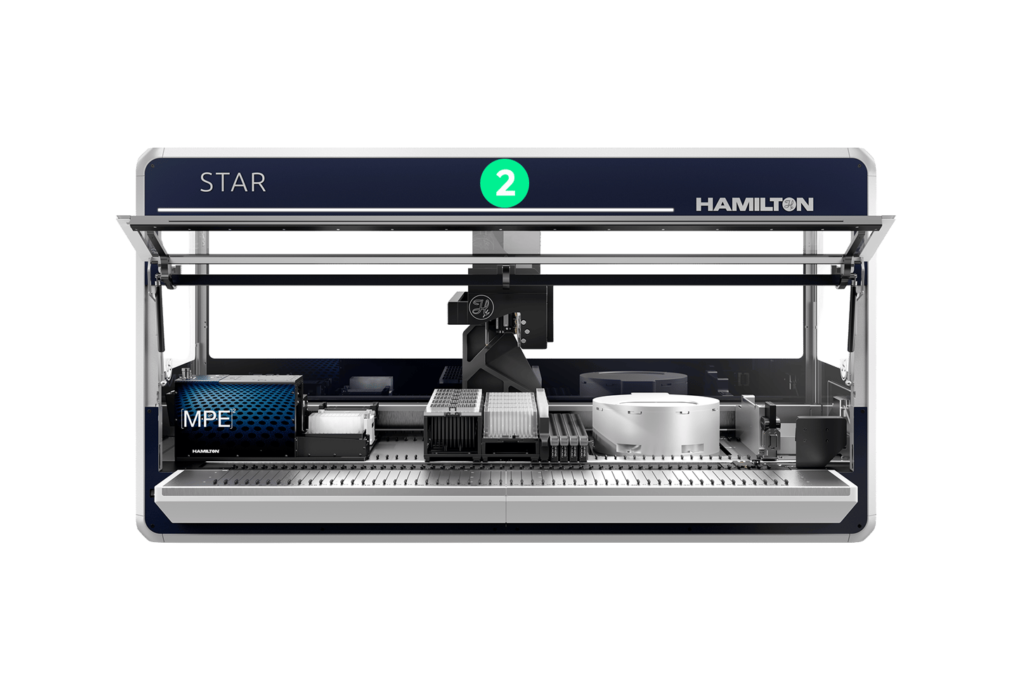 Hamilton STAR 2 automated liquid handler with MPE² module, pipetting arm, microplates, and deck accessories