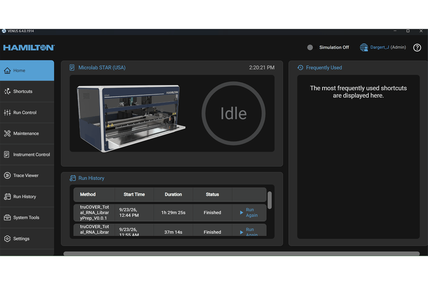 VENUS 6.4.0.1914 software home screen showing a Microlab STAR instrument status as Idle with Run History entries