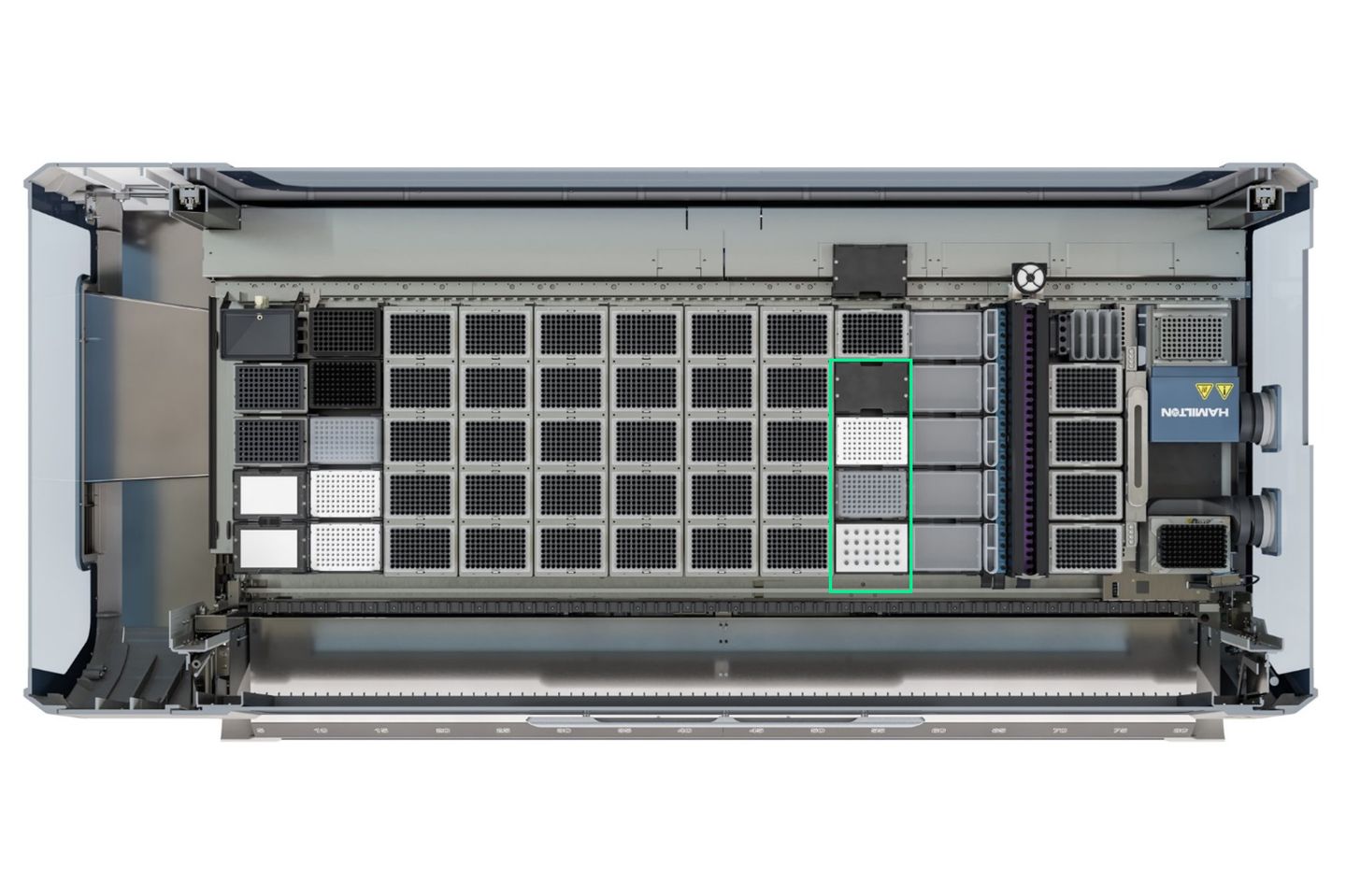 Top view of a Hamilton automated liquid handler deck with labeled processing positions highlighted in green