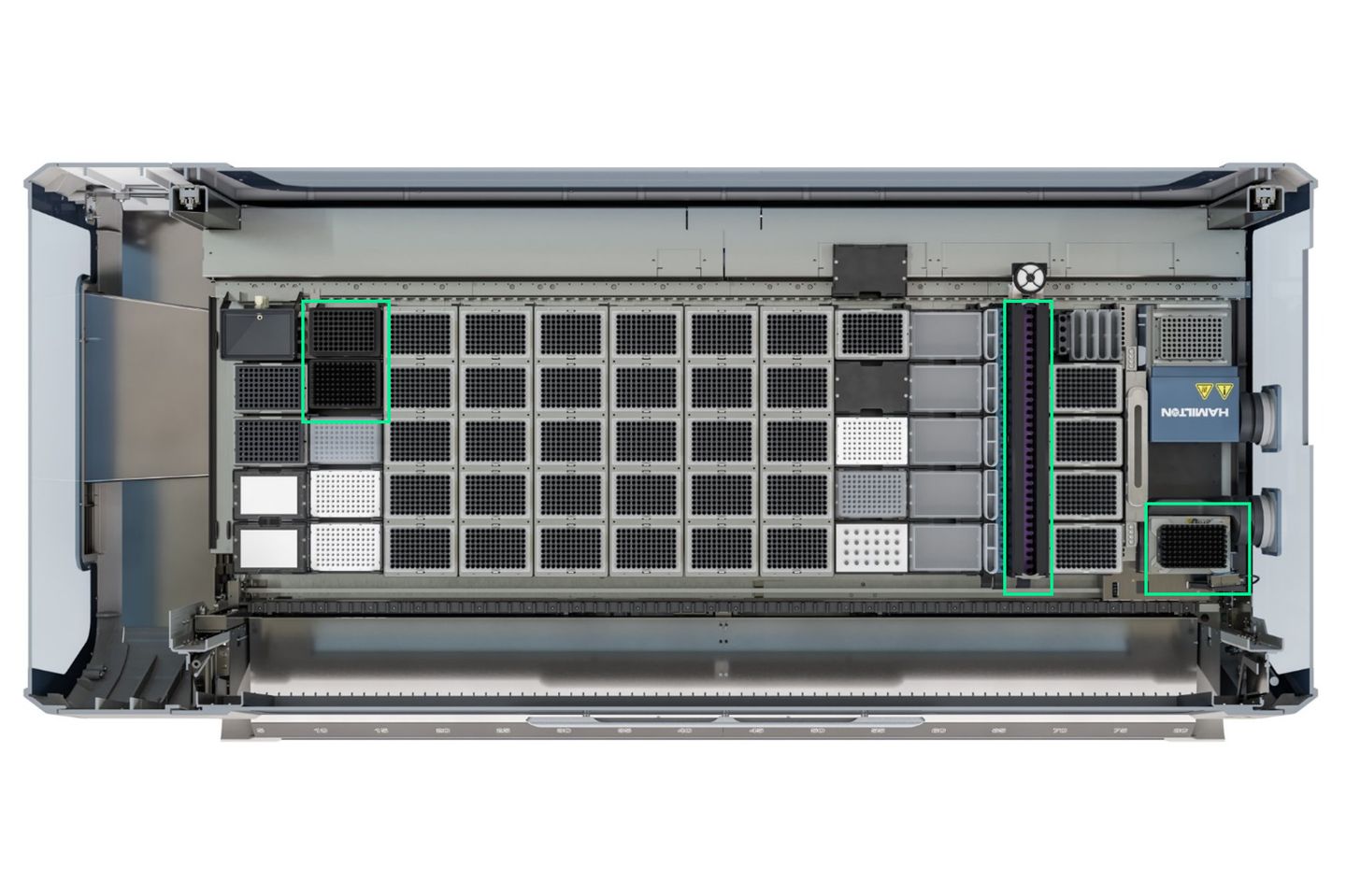 Top view of a Hamilton automated liquid handling deck with green-outlined modules for temperature control and mixing