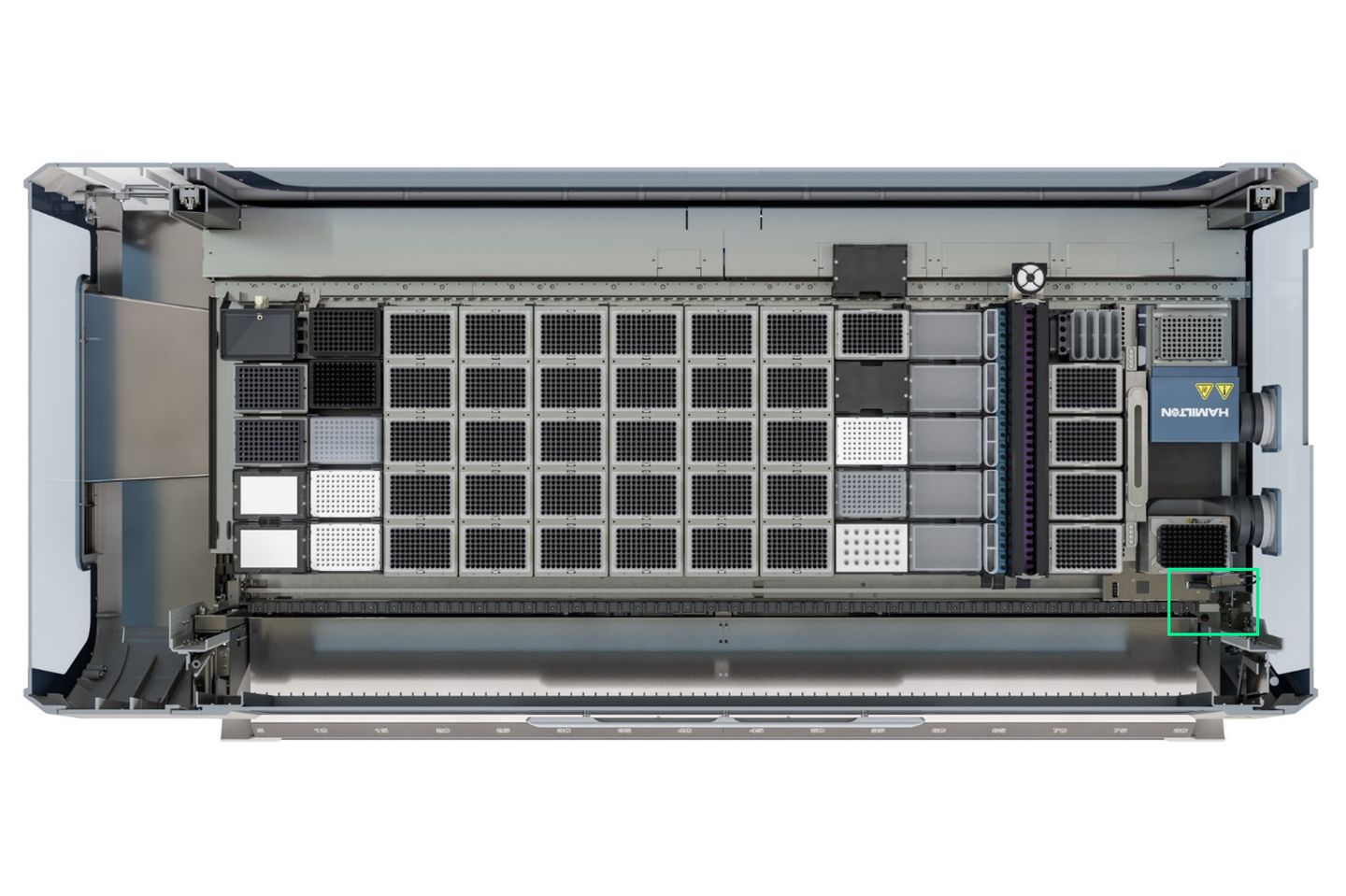 Hamilton automated liquid handler with autoload deck, top-down view showing pipette carrier rail, labware positions, and sample storage modules