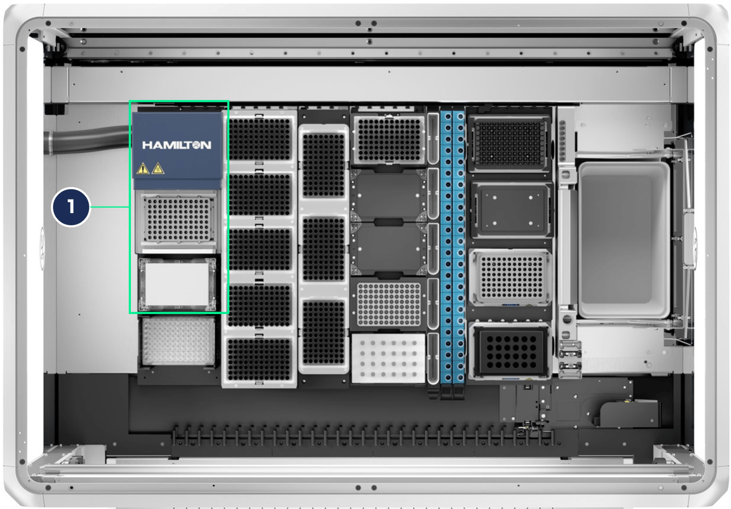 Hamilton automated liquid handler deck view with labeled on-deck thermal cycler module highlighted in green