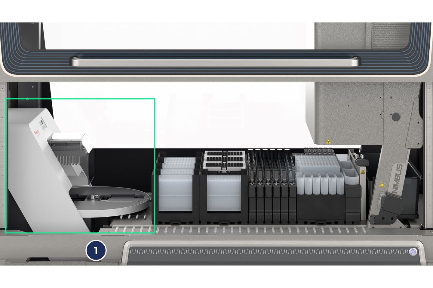 KingFisher Presto purification device highlighted on an automated liquid handling workstation deck with labeled consumables