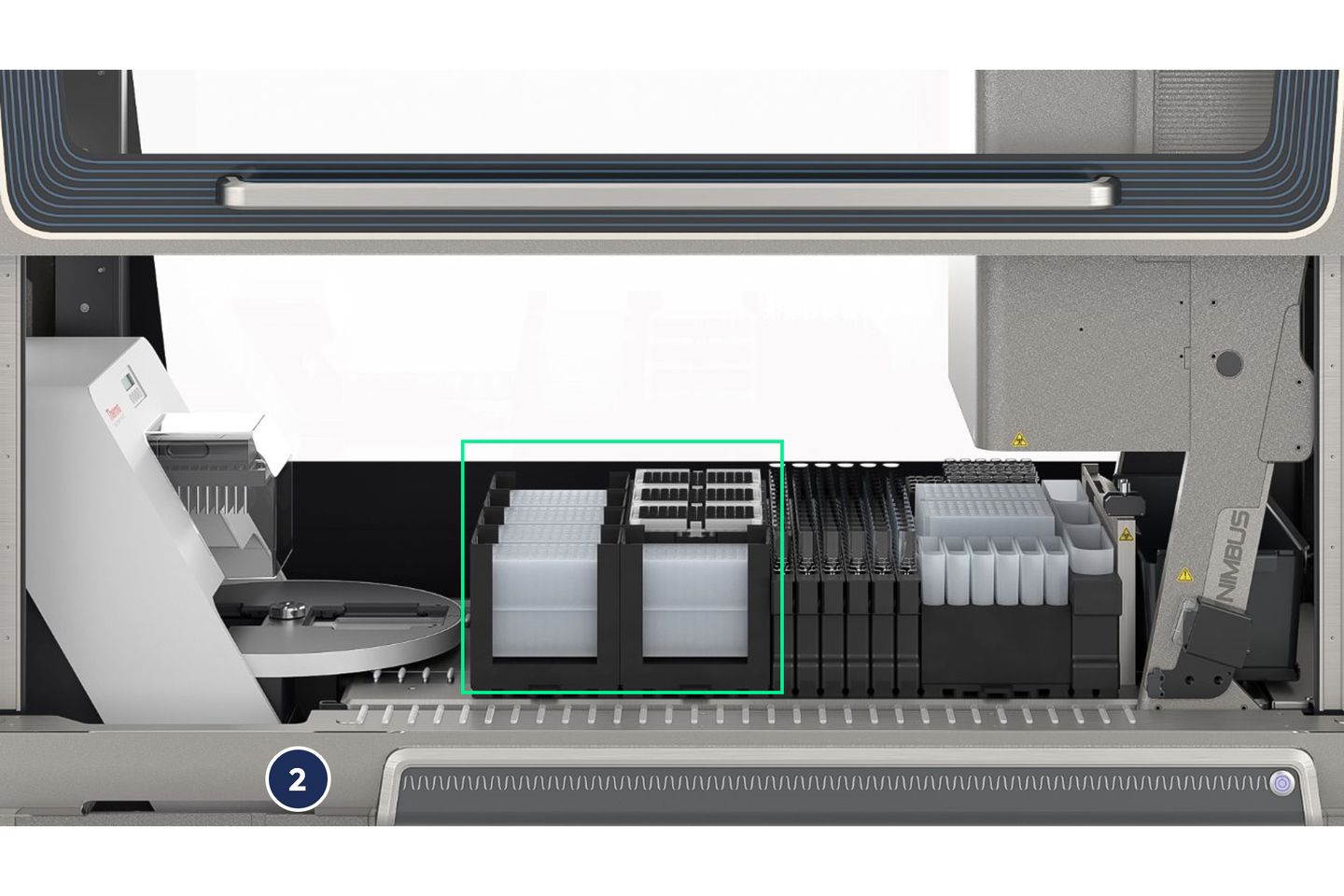 Automated liquid handler deck with green-highlighted zone showing microplate and pipette tip storage positions, labeled 2