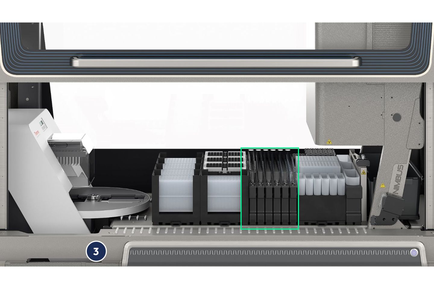 Nimbus automated liquid handler deck with tip racks, reagent troughs, and sample plates; green box highlights dark sample carriers