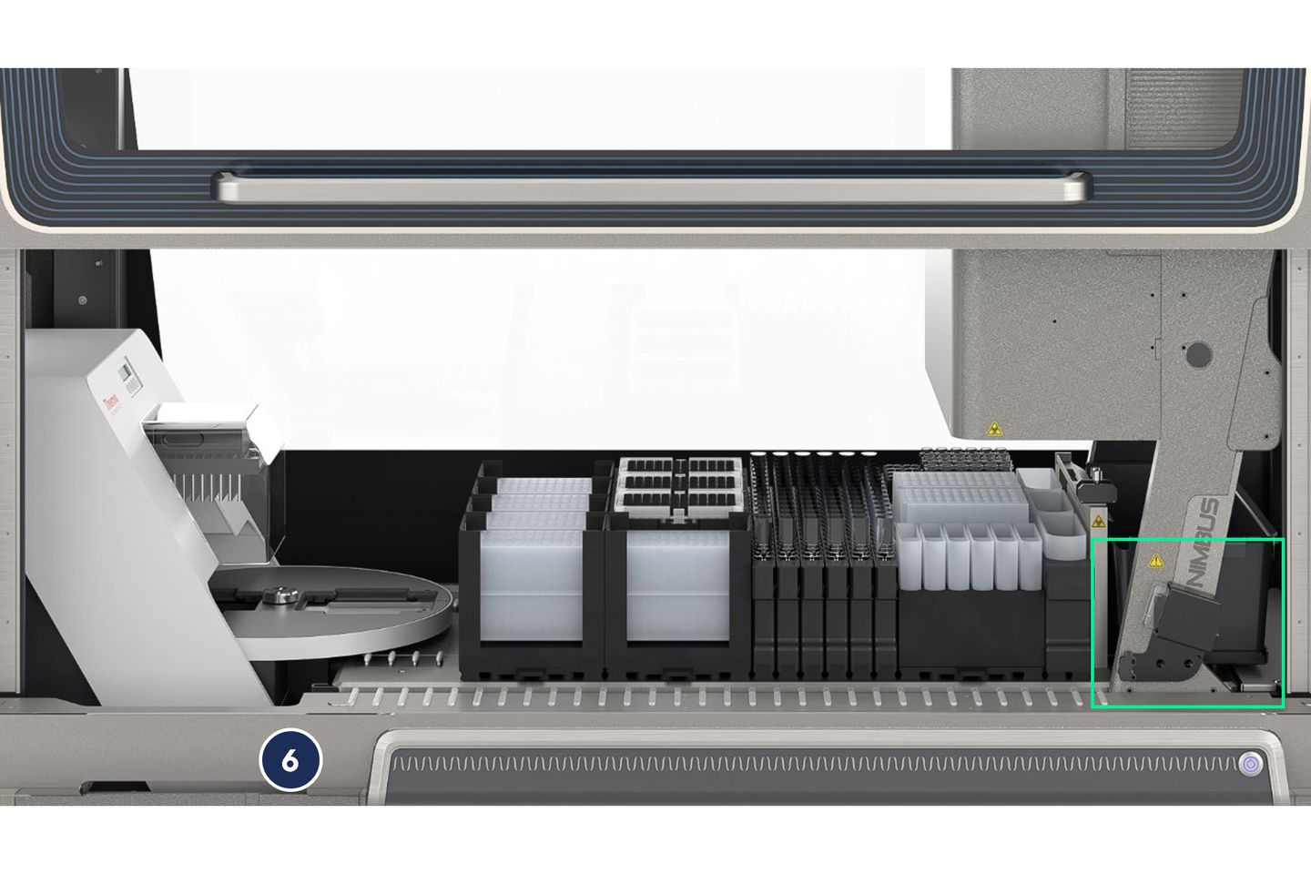 Nimbus automated liquid handler deck with tip racks, reagent troughs, and microplates; green highlight on right loading area