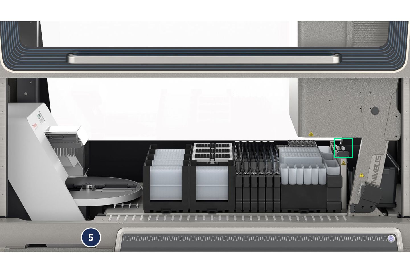 Interior view of a Hamilton Nimbus automated liquid handler deck with tip racks, reagent troughs, and a highlighted green-boxed component.