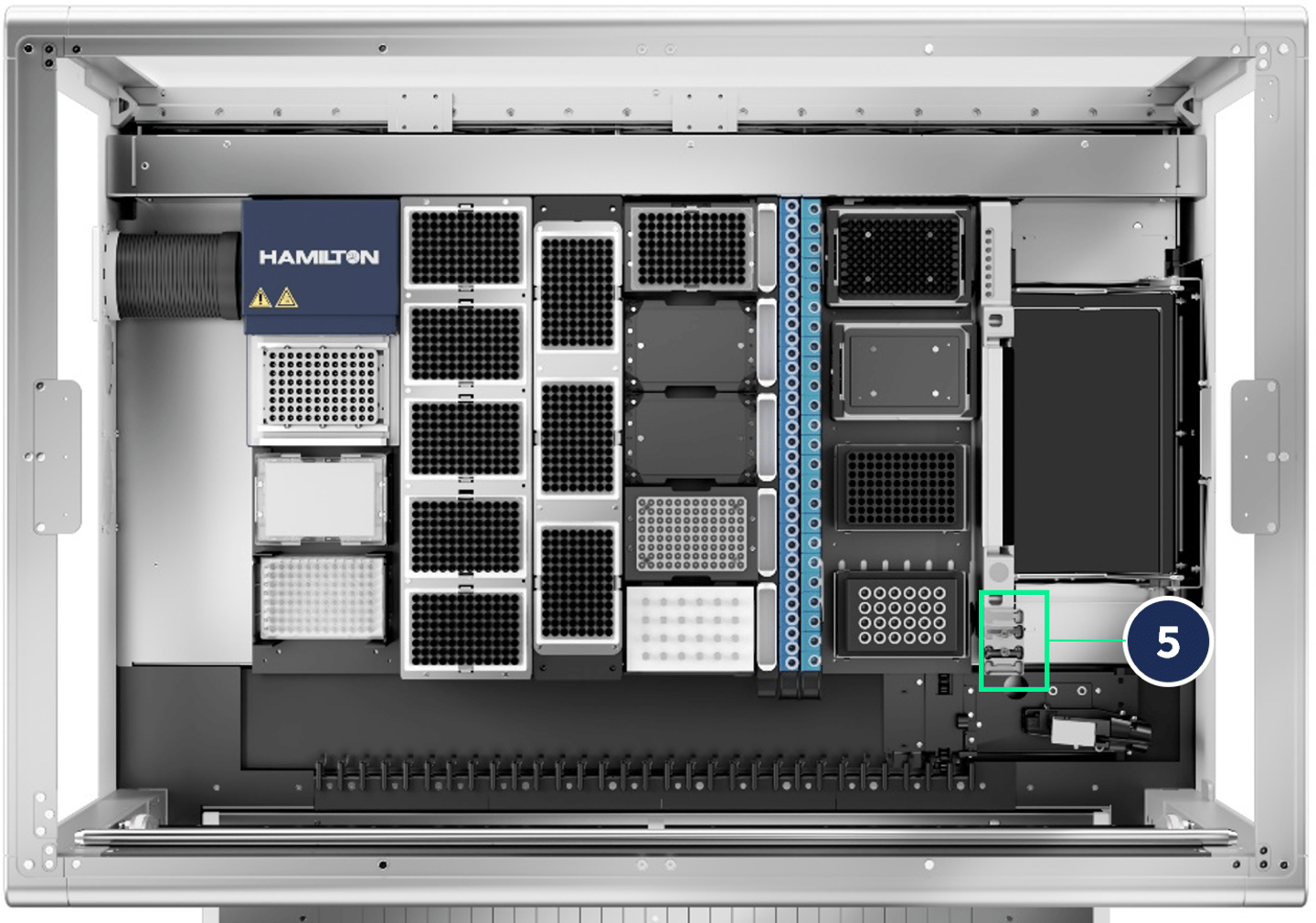 Hamilton automated liquid handler deck with item 5 highlighted in green near a tube carrier and transport mechanism.