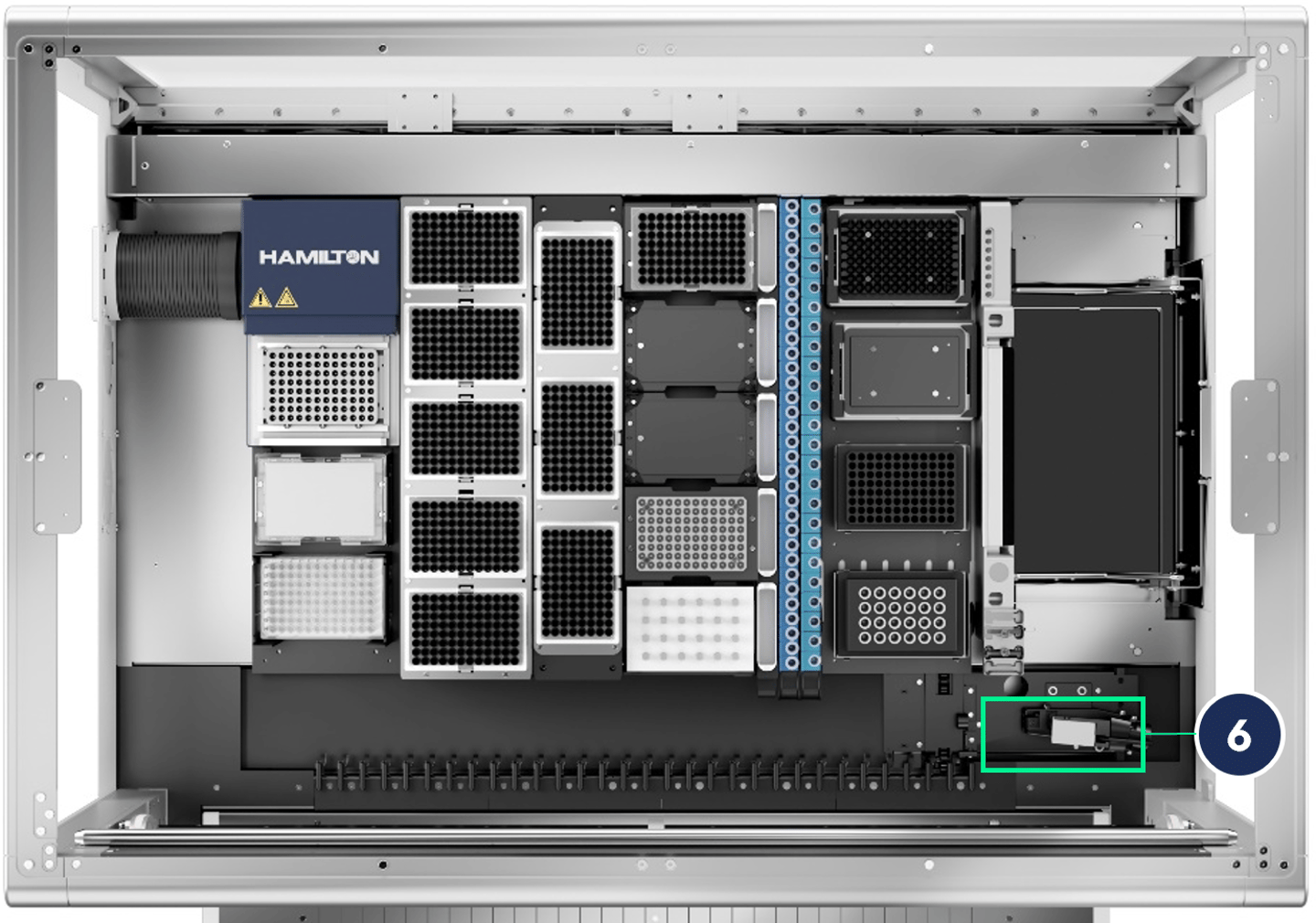 Hamilton automated liquid handler deck viewed from above, with component 6 (autoload module) highlighted in green