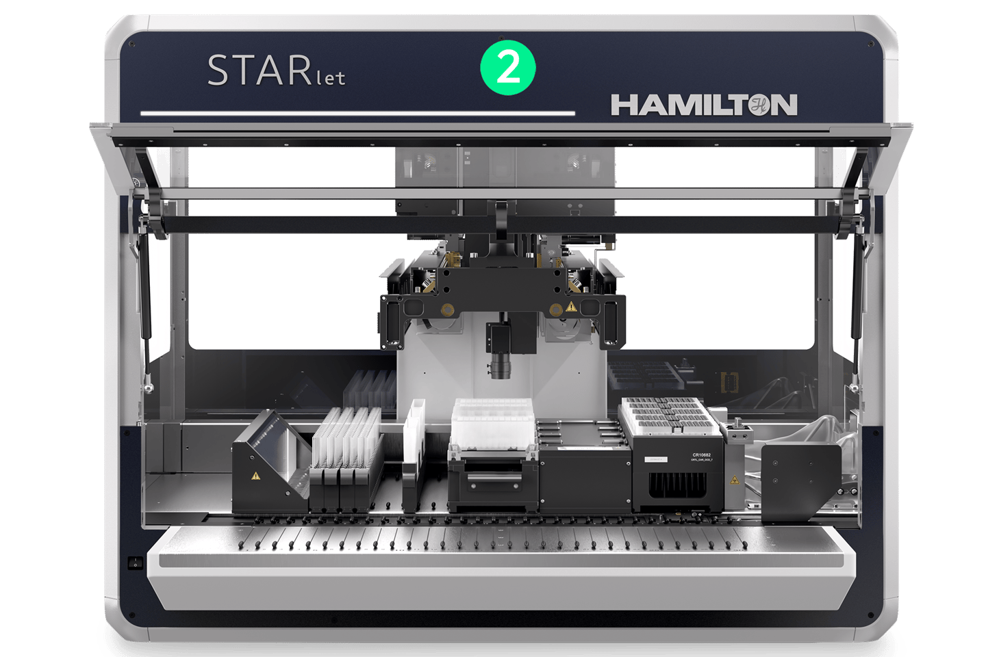 Hamilton STARlet 2 automated liquid handling workstation, front view, with pipetting arm, tip racks, and microplates on deck