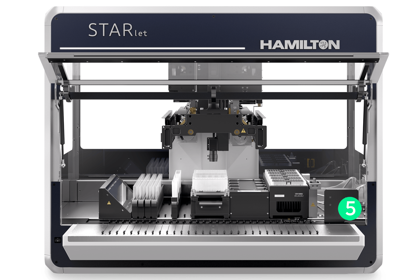 Hamilton STARlet automated liquid handling workstation with pipetting arm, microplate carriers, tip racks, and barcode scanner module on white background
