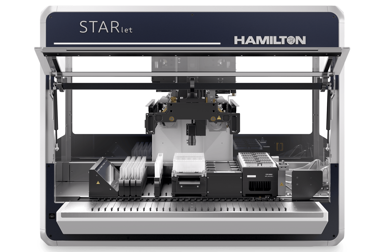 Hamilton STARlet automated liquid handling workstation with dual pipetting arms, tip racks, microplate carriers, and reagent cooling module on deck