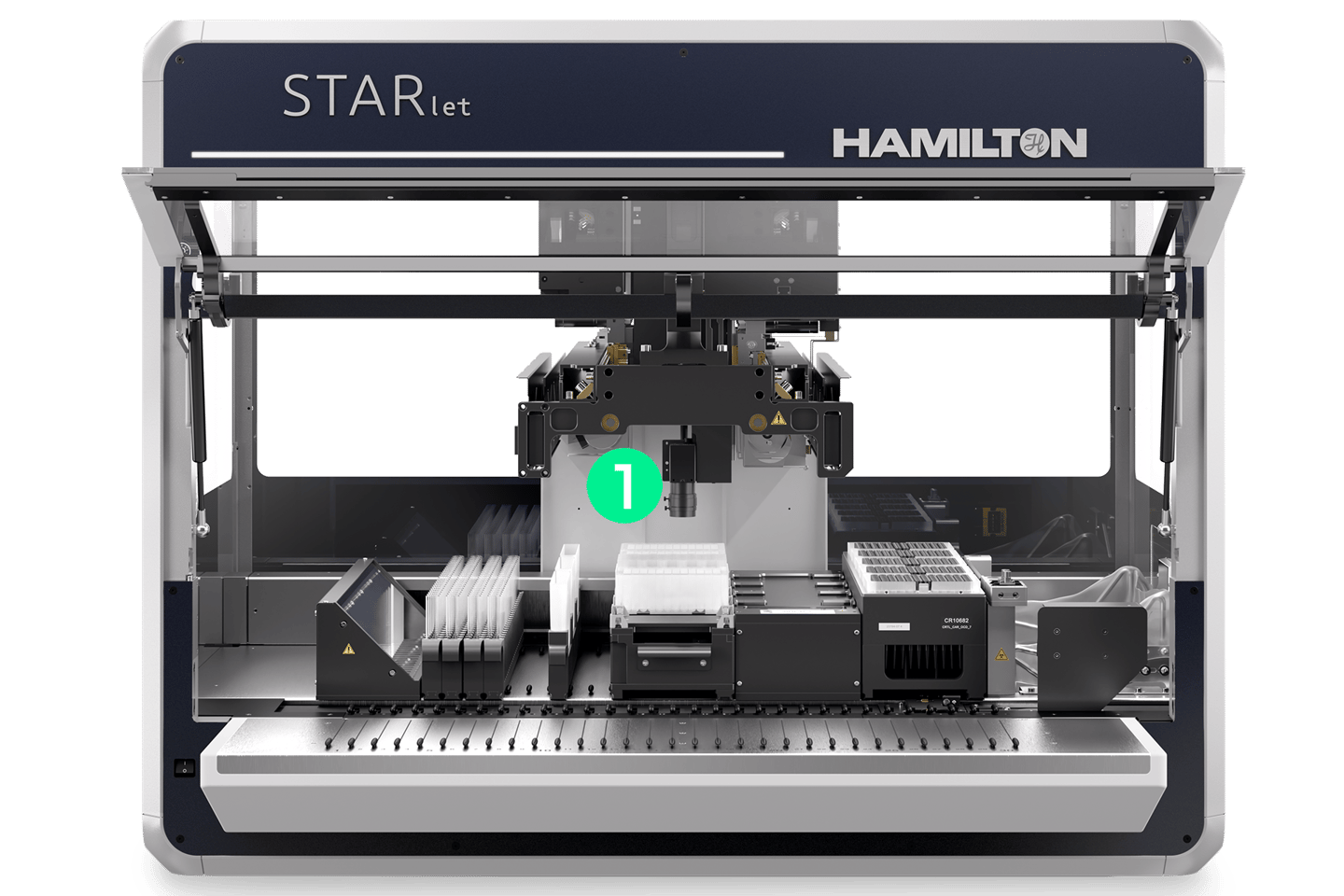 Hamilton STARlet automated liquid handling workstation with pipetting arm, tip racks, microplates, and sample carrier on deck