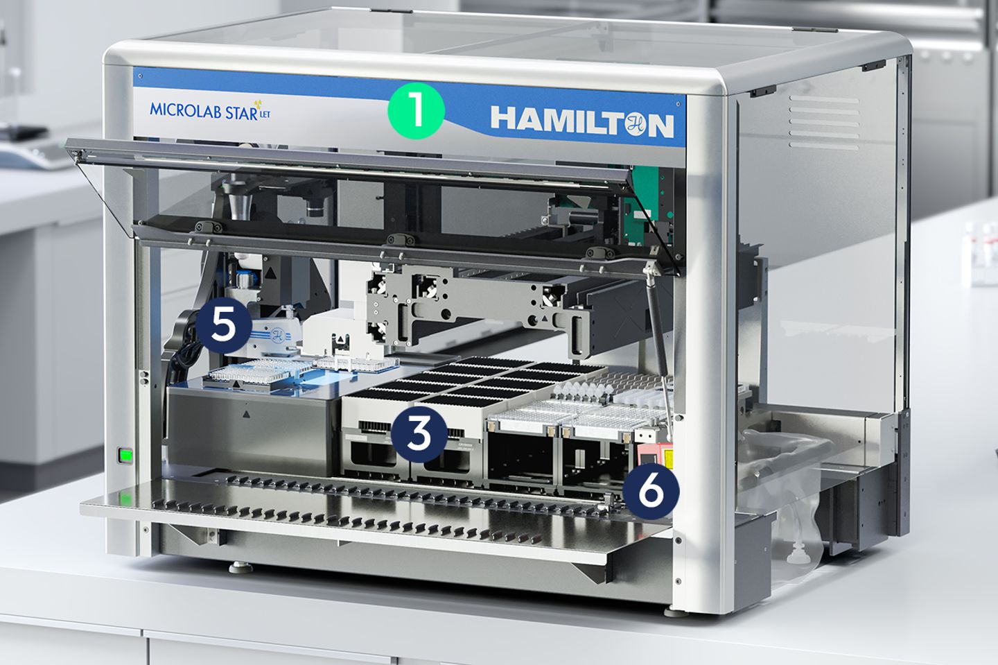 Hamilton Microlab STAR LET automated liquid handler with labeled components, open deck view showing pipetting arm, labware, and tip carriers