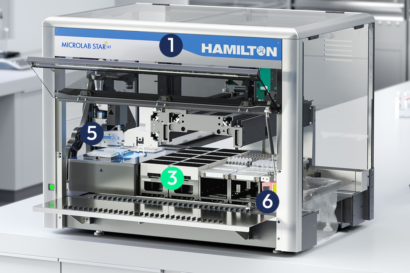 Hamilton Microlab STAR LET automated liquid handler with labeled components including pipetting arm, deck positions, and reagent carriers