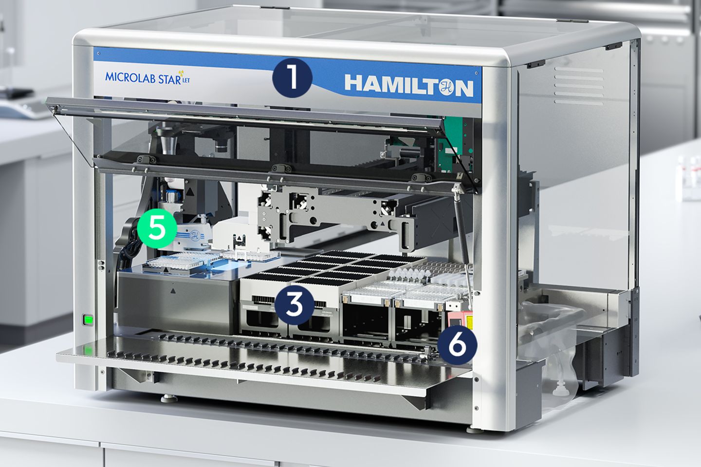 Hamilton Microlab STAR LET automated liquid handling workstation with open deck, pipetting arm, tip carriers, and labeled components
