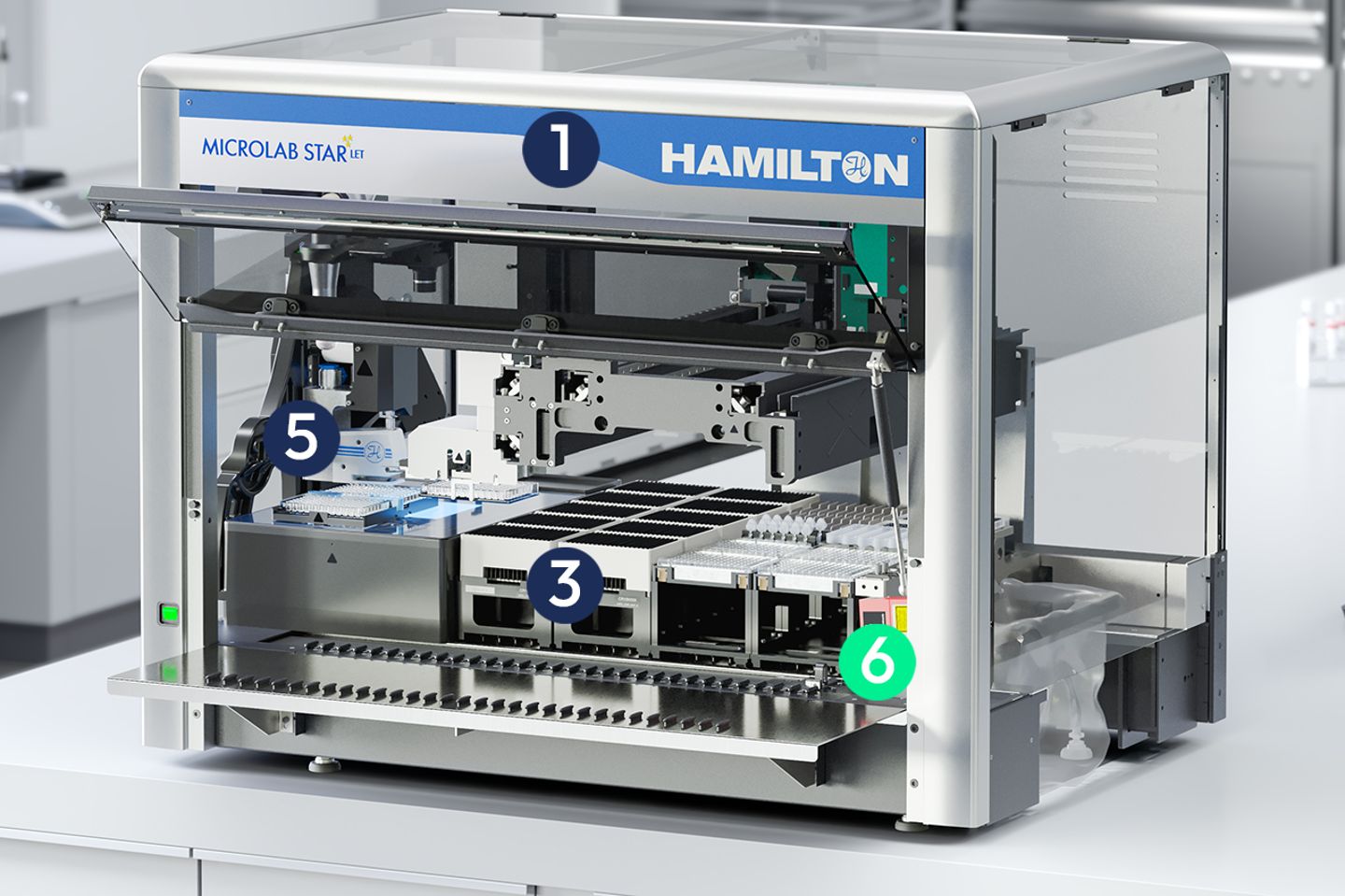 Hamilton Microlab STAR LET automated liquid handler with numbered components and open front-load deck tray visible