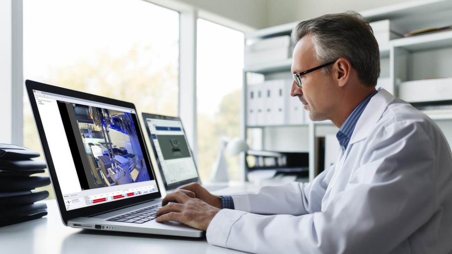 Scientist in lab coat reviewing automated liquid handling system footage on a laptop