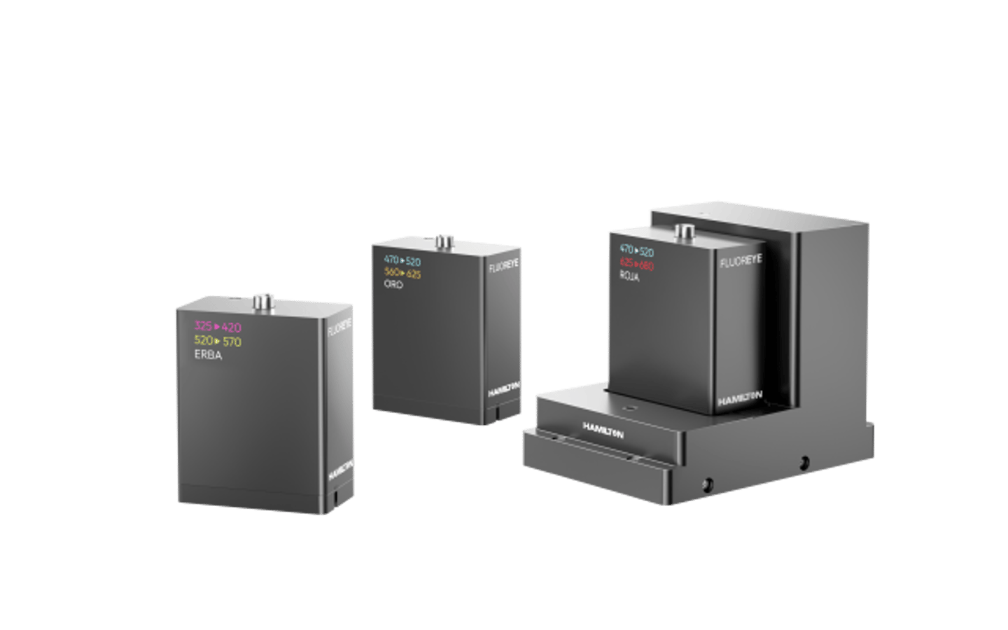 Three Hamilton FLUOREYE sensor modules with color-coded wavelength displays, one mounted on a docking station