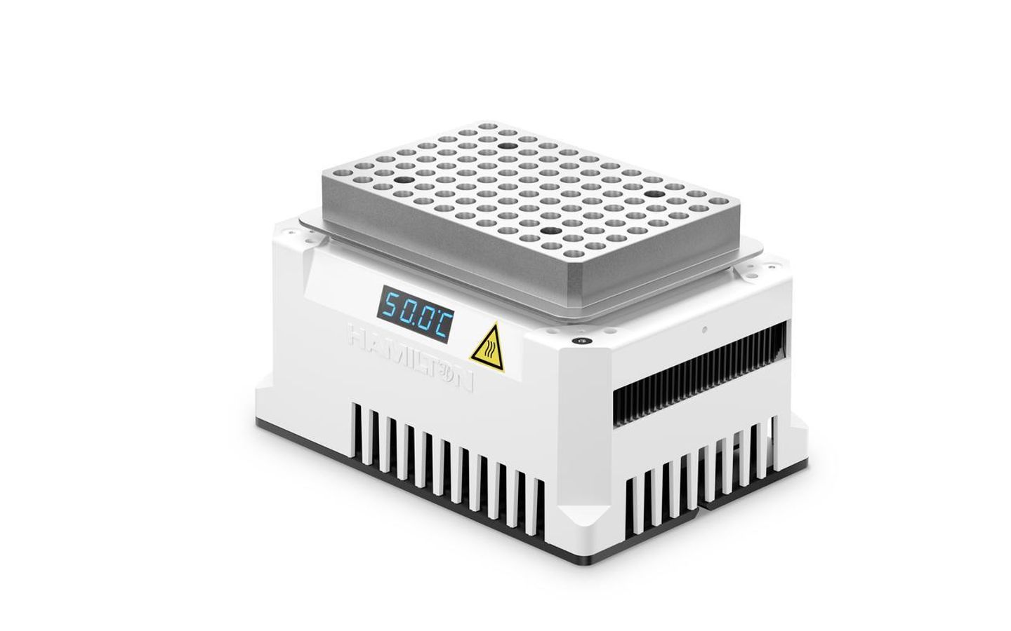 Hamilton heating/cooling block with 96-well aluminum insert, digital display reading 50.0°C, and heat sink fins