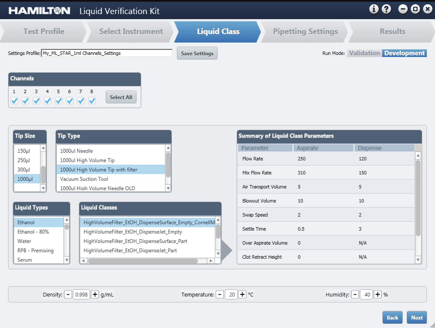 Hamilton Liquid Verification Kit software showing Liquid Class tab with tip size, tip type, liquid class selections, and liquid class parameter summary table
