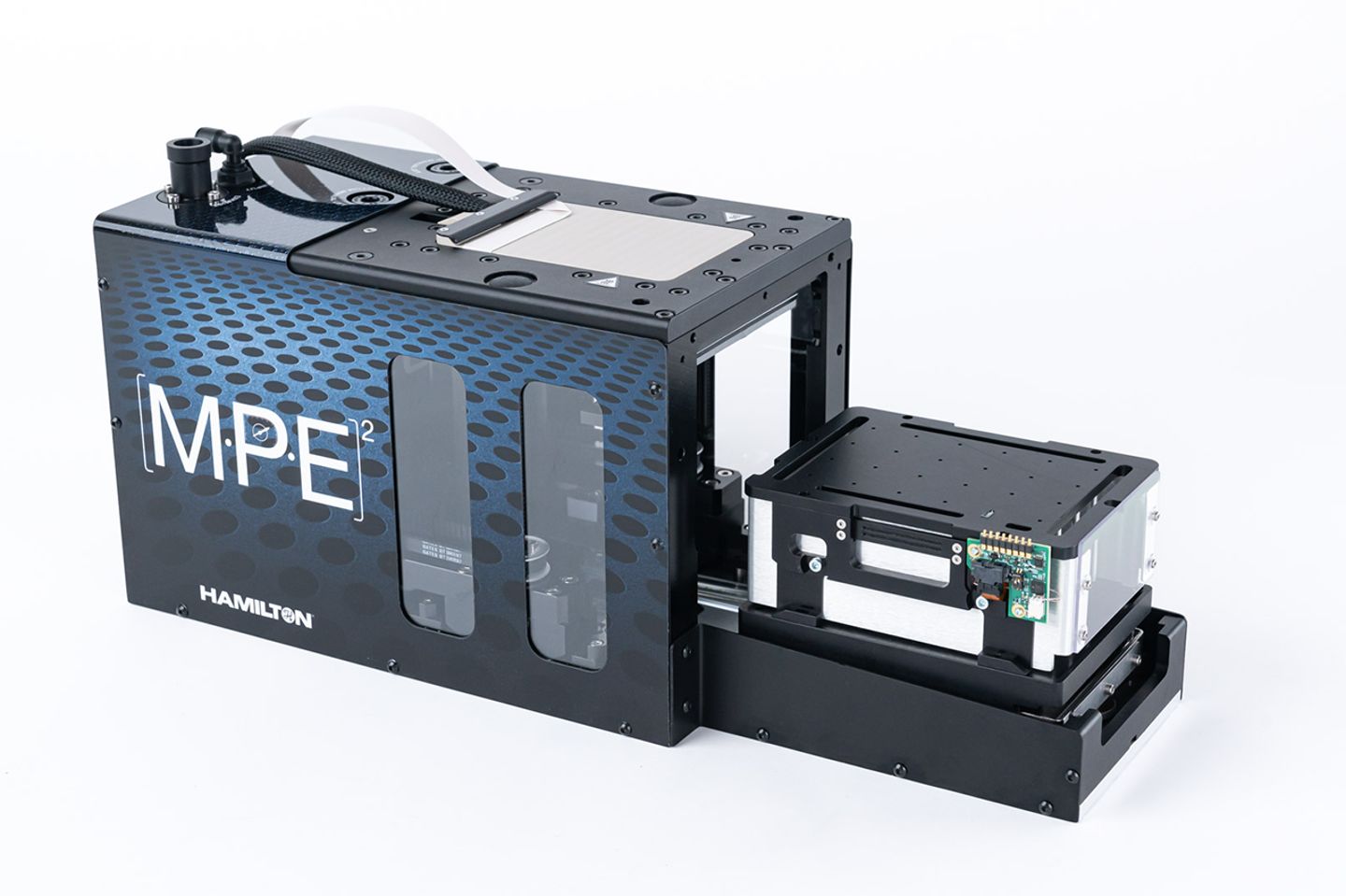 Hamilton MPE² modular pipetting extension unit with slide-out tray and visible circuit board components