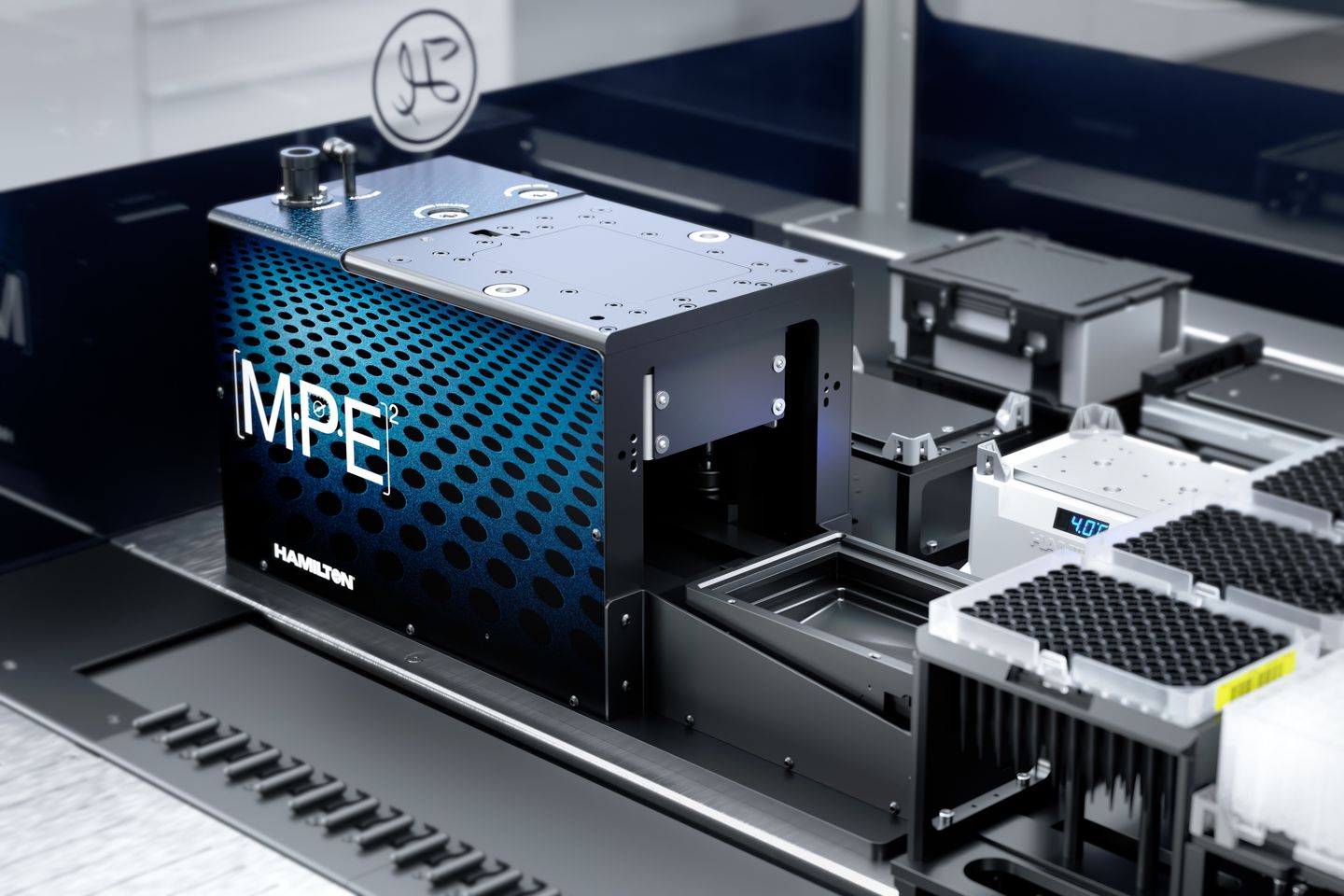 Hamilton MPE² module mounted on an automated liquid handler deck with microplate racks nearby