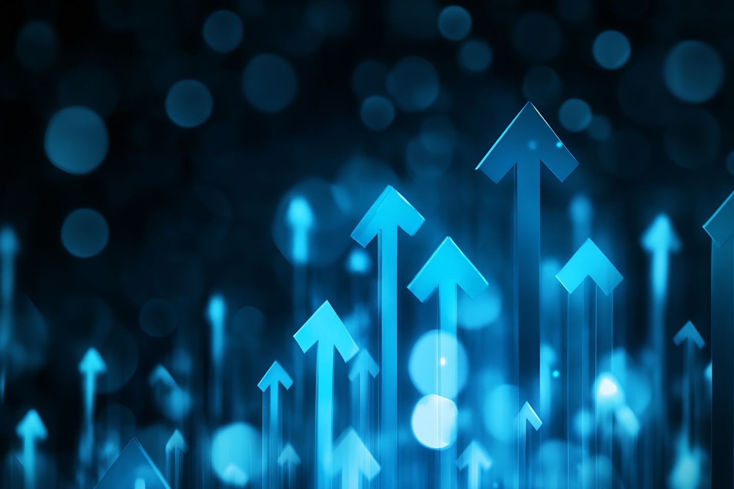 Glowing blue upward arrows of varying heights against a dark background with bokeh light effects