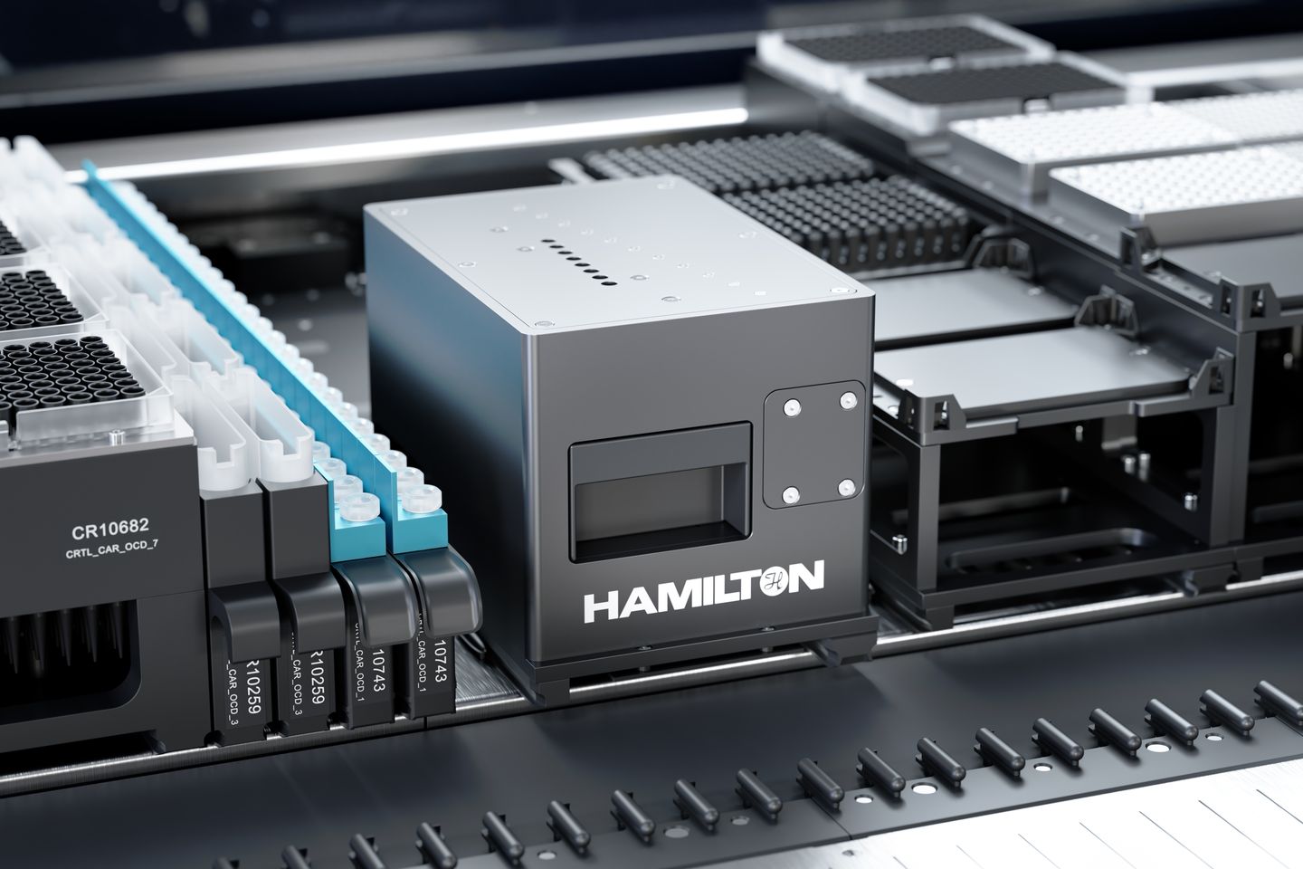 Hamilton-branded module mounted on an automated liquid handling deck with tip carriers and microplate positions