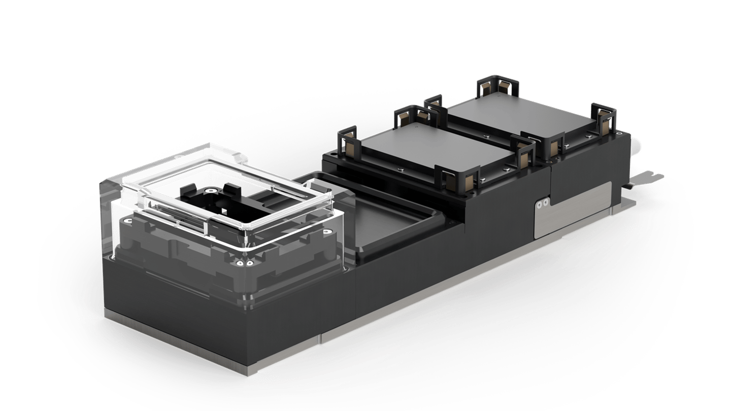 Modular laboratory vacuum carrier system with transparent-lidded sample chamber and dual-stack plate holder module on dark base