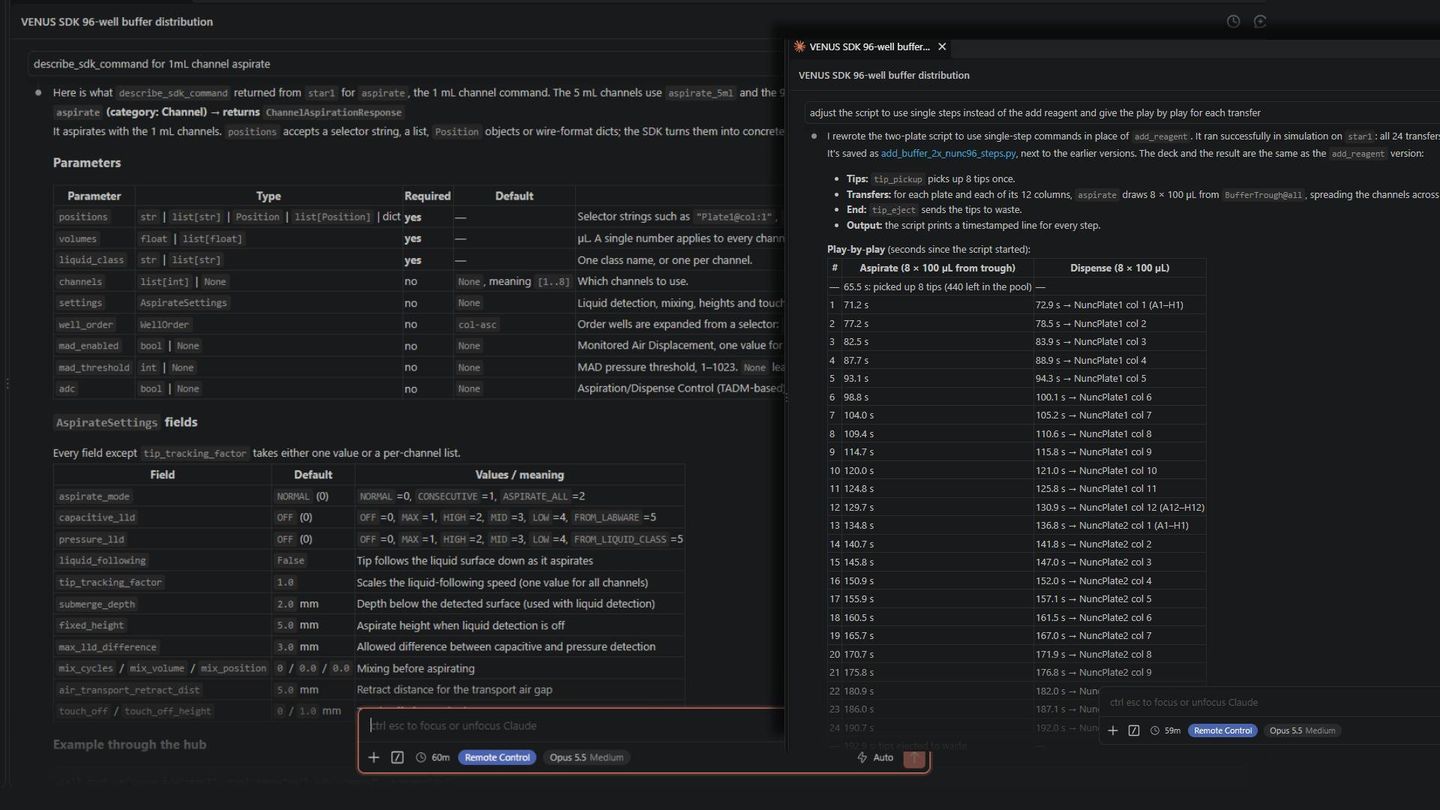 Claude AI chat interface showing VENUS SDK 96-well buffer distribution script documentation and play-by-play transfer log