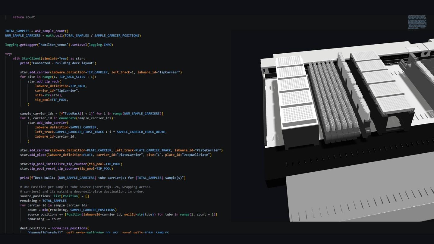 Python script for automated liquid handler deck layout beside a 3D model of a configured deck with tip racks and tube carriers
