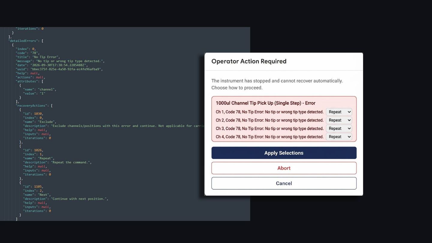 Software UI showing a structured error handling dialog with JSON error data and an "Operator Action Required" modal for tip pick-up errors