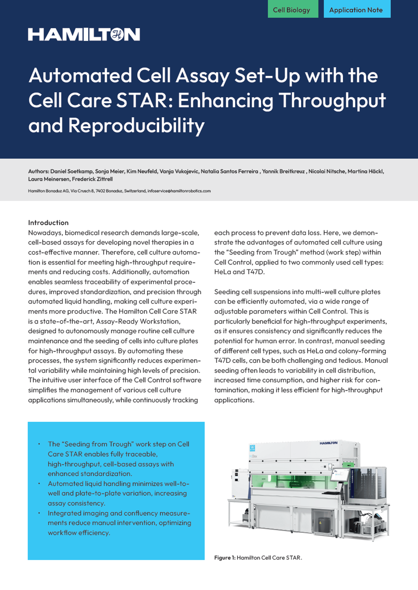 Hamilton Cell Care STAR automated liquid handling workstation on a lab bench